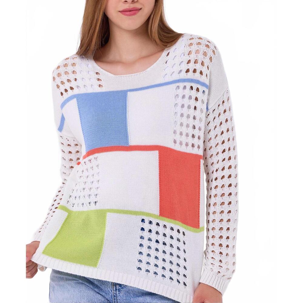 NEW FRENCH KYSS patchwork crochet top in ivory/multi